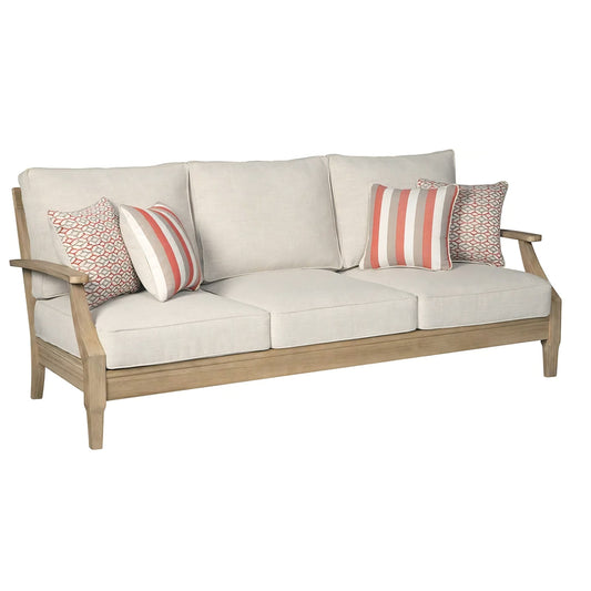 Signature Design by Ashley Clare View Coastal Outdoor Patio Eucalyptus Sofa with Cushions, Beige